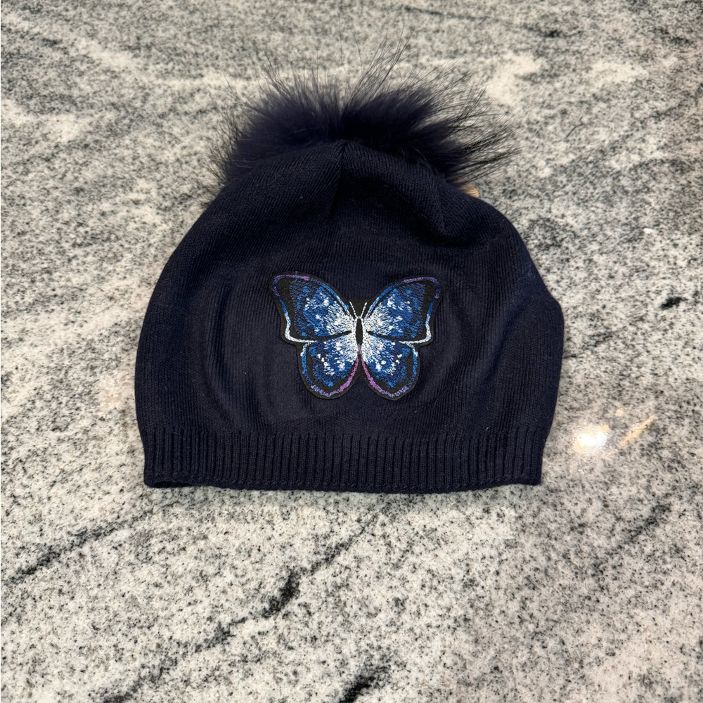 New Custom Designed Navy Pom Pom Beanie with Butterfly.